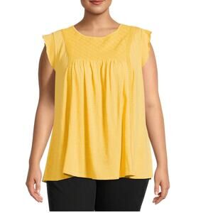 Terra & Sky Women's Plus Size Eyelet Trim Flutter Sleeve Top 0X Yellow